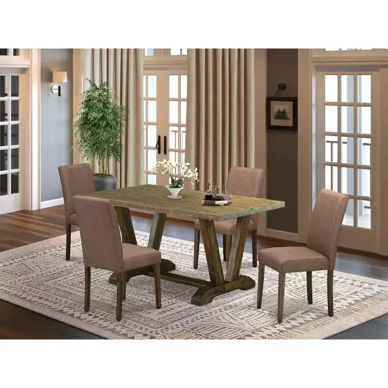 HomeStock Tavolo da pranzo rettangolare a 5 pezzi in legno massello con finitura anticata Jacobean e 4 sedie imbottite