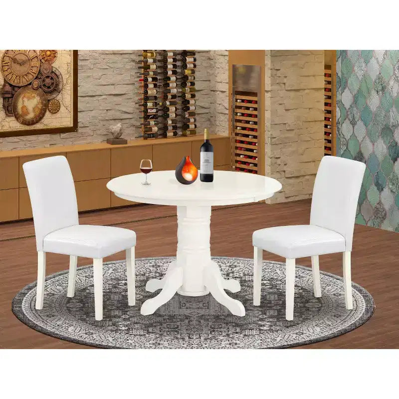 Set da Pranzo Rotondo 3pz - Tavolo da 42 Pollici e 2 Sedie Parsons - Pelle PU Bianca e Gambe in Lino