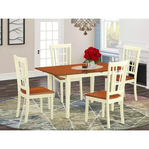 5-delige keukentafelset voor 4 personen - rechthoekige eettafel met vlinderblad en 4 stoelen - karnemelk- en kersenafwerking
