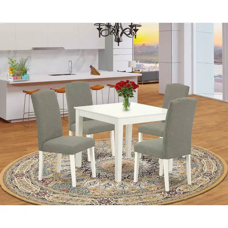 Set da pranzo moderno 5 pezzi - Tavolo quadrato e 4 sedie - Gambe bianco lino - Tessuto Dark Shitake