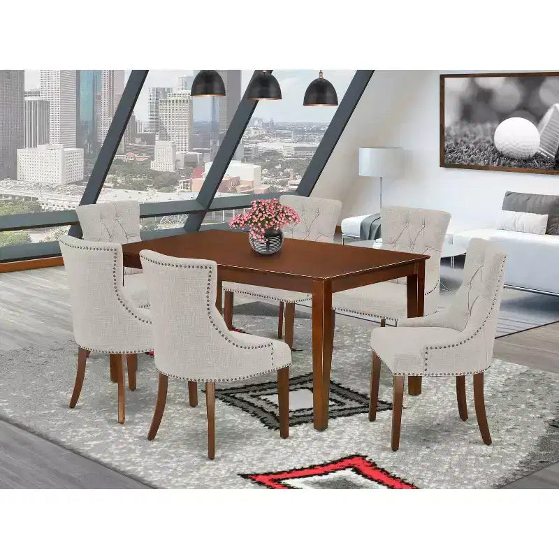 HomeStock Tavolo da Pranzo Rettangolare a 7 Pezzi in Legno Massello Finitura Mogano con 6 Sedie Parson