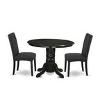 Medieval Round Dining Set - 42 Inch Table & 2 Parsons Chairs - Black Finish - Linen Fabric