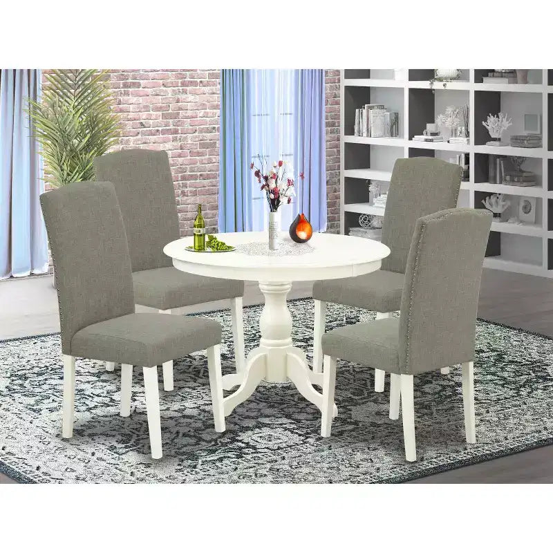5-teiliges Esszimmertisch-Set mit Tischplatte aus Massivholz in Leinenweiß und 4 Stühlen