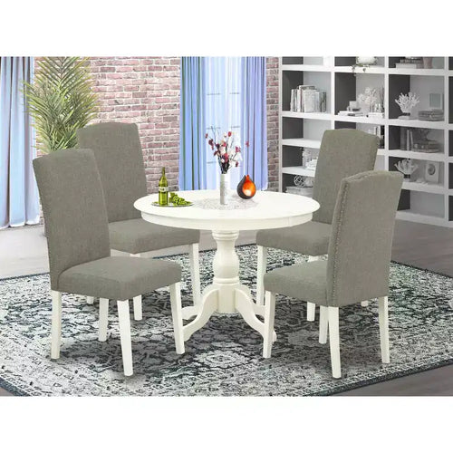 5-teiliges Esszimmertisch-Set mit Tischplatte aus Massivholz in Leinenweiß und 4 Stühlen