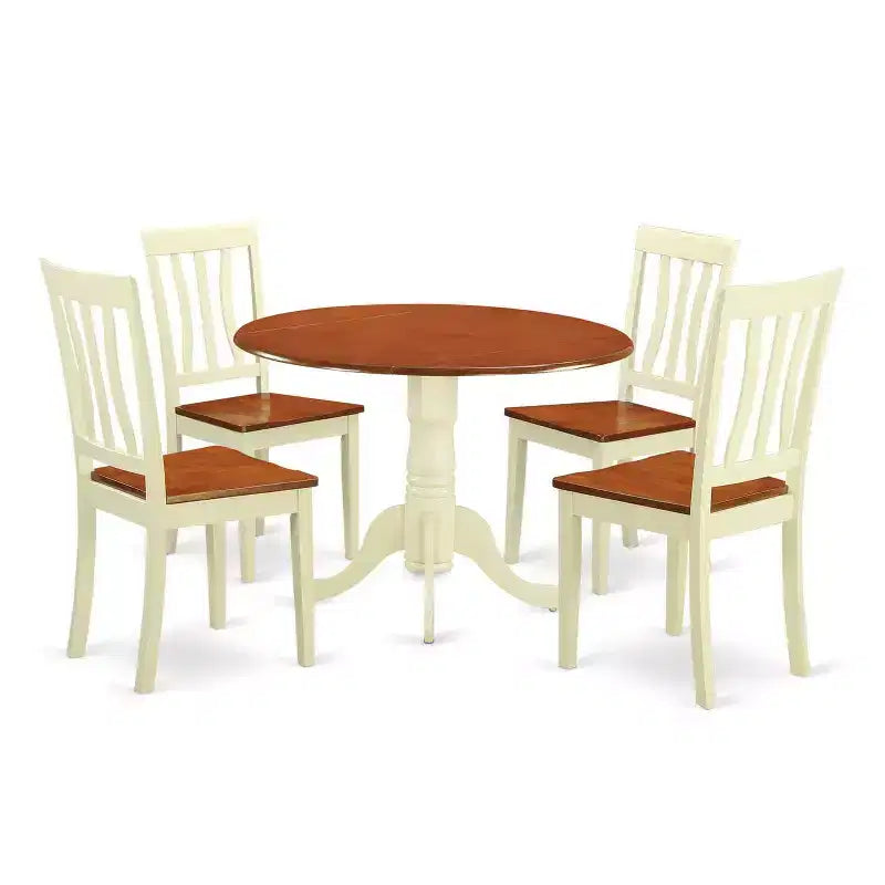 HomeStock 5-Piece Round Buttermilk and Cherry Finish Solid Wood Top Dining table with 4 Chairs