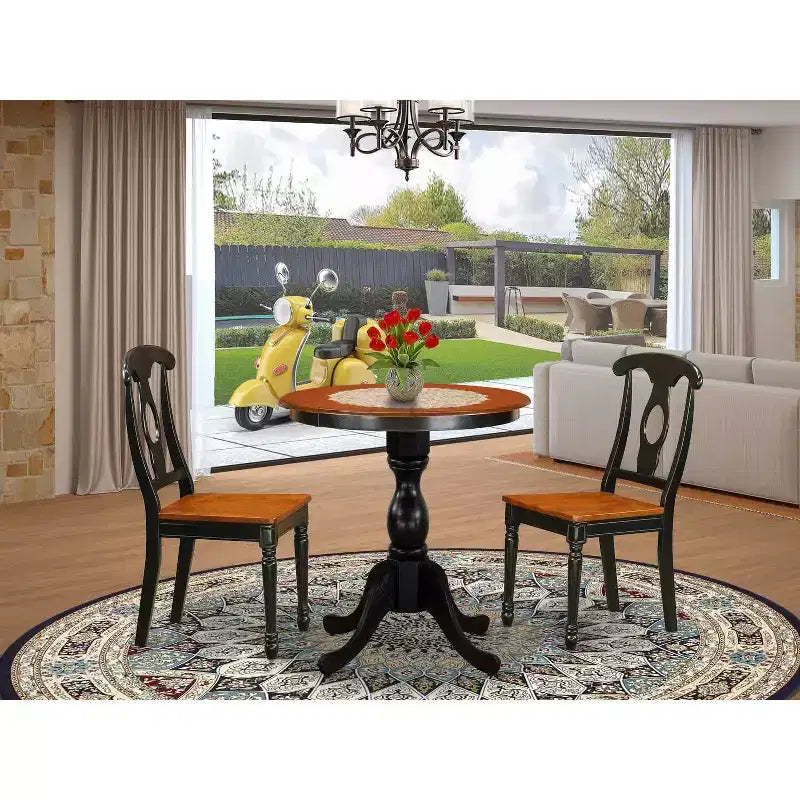 Set da Pranzo Moderno 3 Pezzi - Tavolo Rotondo in Legno e 2 Sedie Mid Century - Finitura Nera