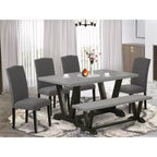 Tavolo da pranzo rettangolare a 6 pezzi con ripiano in legno massello con finitura in rovere naturale, con 1 panca, 4 sedie con