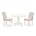 Vintage Round Kitchen Table Set - 3pc Table & 2 Chairs - Linen White Legs - Light Beige Fabric