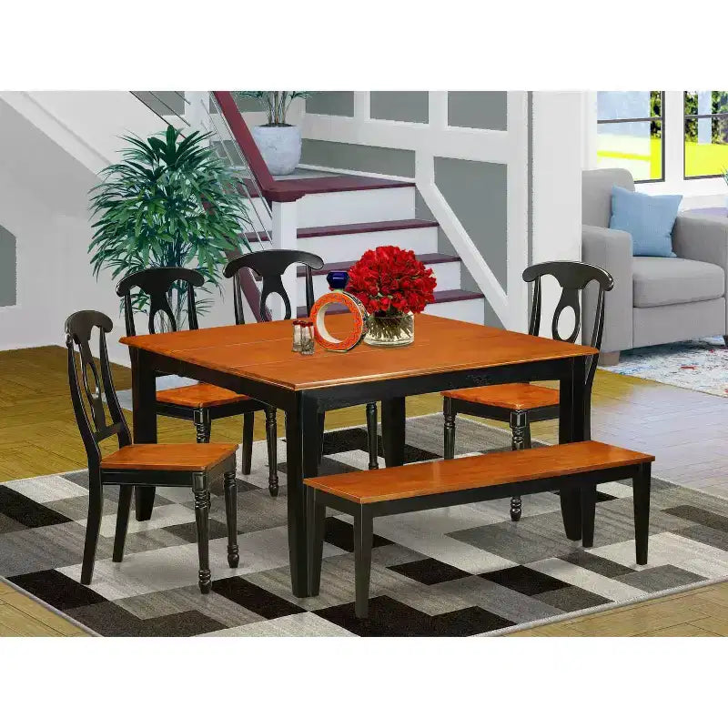 Tavolo da pranzo HomeStock a 6 pezzi, quadrato, con piano in legno massiccio finitura nera e ciliegio, con 1 panca e 4 sedie