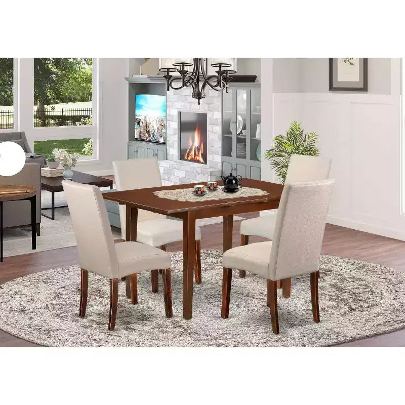 Rechteckiges Küchentisch-Set 5-teilig - Tisch 48/60 mit Butterfly-Ausziehplatte und 4 Stühlen - Leinenstoff in Creme