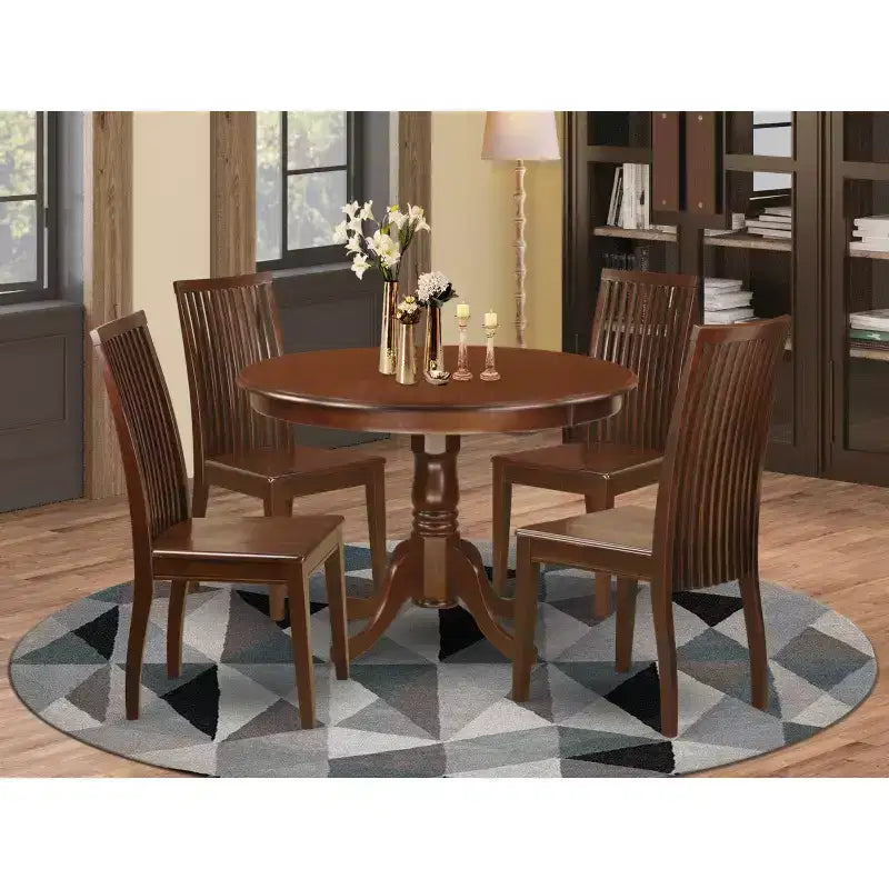 Set da Pranzo 5 Pezzi - Tavolo Rotondo e 4 Sedie - Seduta in Legno - Finitura Mogano - HomeStock