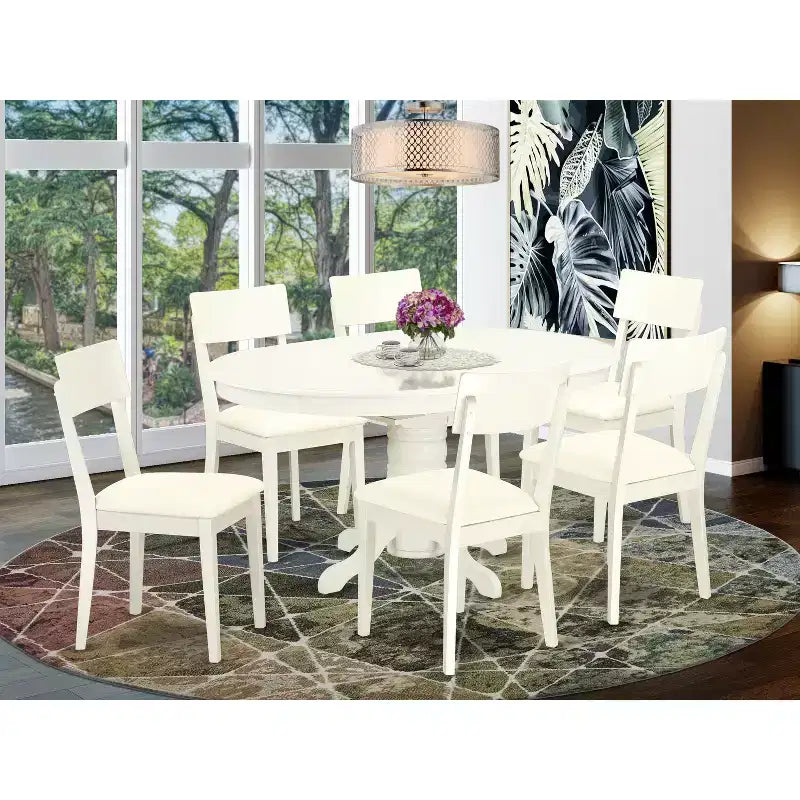 HomeStock Tavolo da Pranzo 7 Pezzi in Legno Massello Finitura Bianco Lino con 6 Sedie