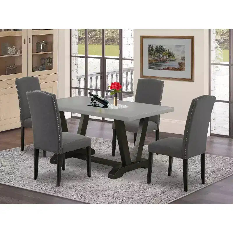 Tavolo da pranzo rettangolare a 5 pezzi con piano in legno massello di rovere naturale e 4 sedie con