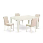 Rectangle Kitchen Dining Table Set - 5pc Table & 4 Chairs - Linen White Legs - Light Beige Fabric
