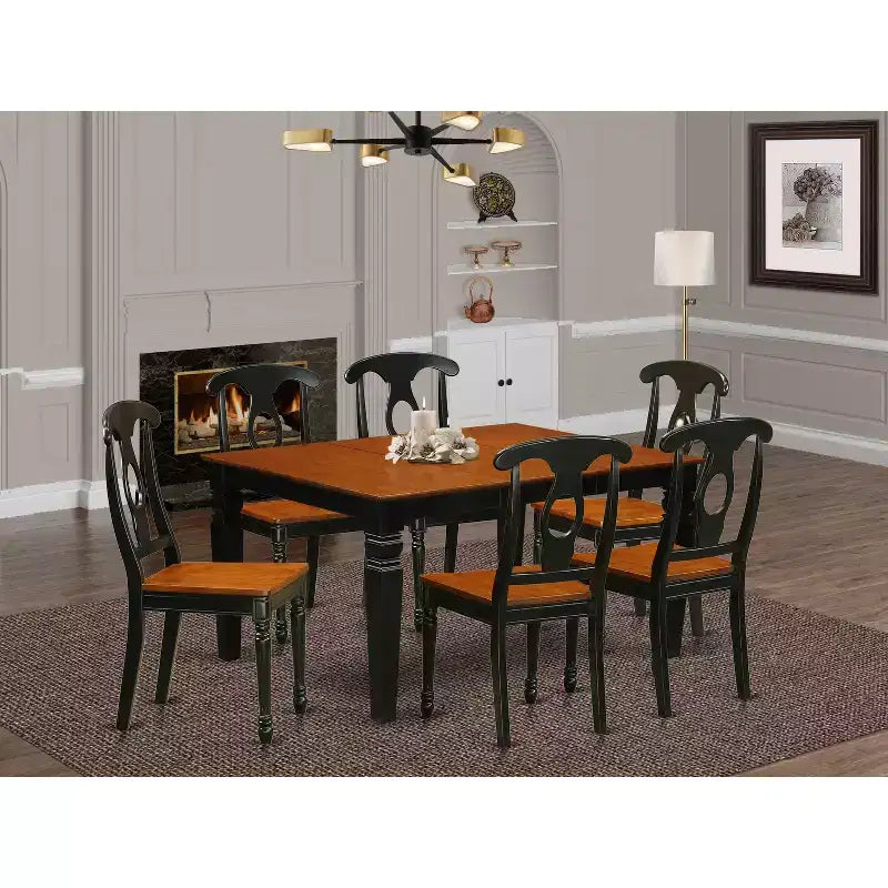 HomeStock Tavolo da pranzo con piano in legno massello nero e ciliegio a 7 pezzi con 6 sedie