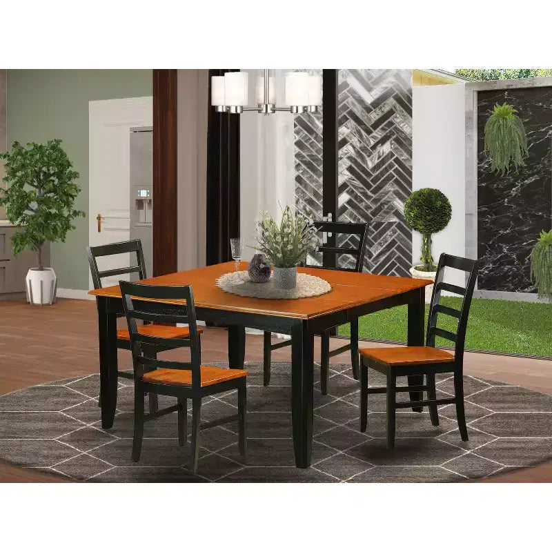 HomeStock tavolo quadrato da pranzo da 5 pezzi con piano in legno massello e finitura nera e ciliegio, con 4 sedie