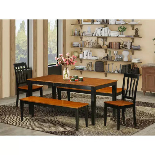 Conjunto de sala de jantar de 5 peças - mesa de jantar com folha extensível e 4 cadeiras/bancos - acabamento preto cerejeira