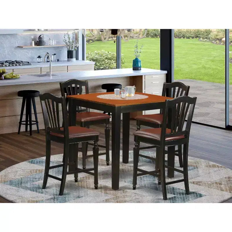 Set da pranzo altezza bancone - Tavolo e 4 sedie - Set cucina - Design moderno - Finitura nero e ciliegio