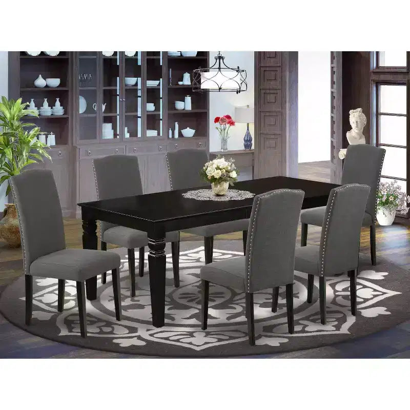 HomeStock Tavolo da pranzo rettangolare a 7 pezzi con piano in legno massiccio finitura nera e 6 sedie Parson