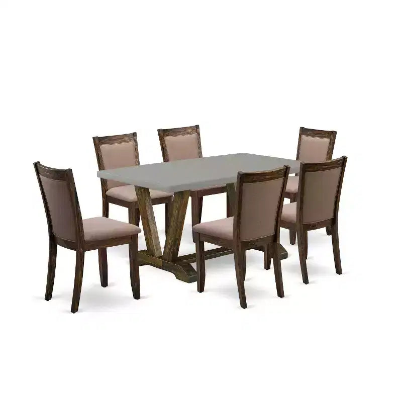 HomeStock 7-Piece Distressed Jacobean Finish Solid Wood Top Dining Table with 6 Parson-Chairs