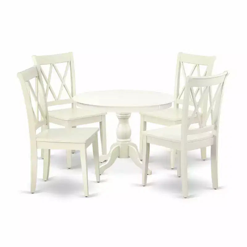 HomeStock 5-Piece Linen White Finish Solid Wood Top Dining table with 4-Chairs