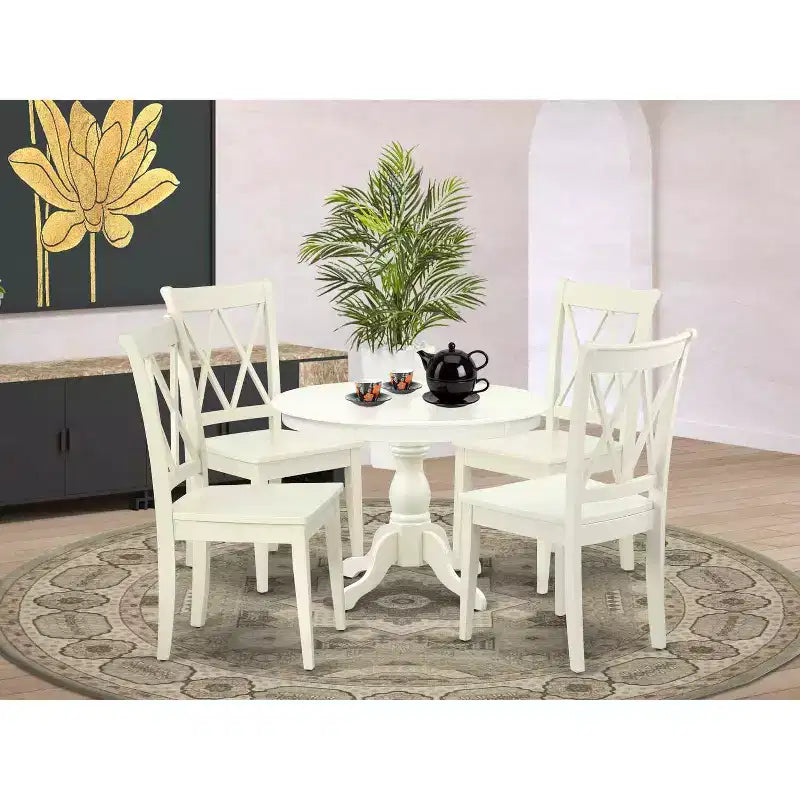 HomeStock Set tavolo da pranzo 5 pezzi in legno massello con finitura in lino bianco e 4 sedie