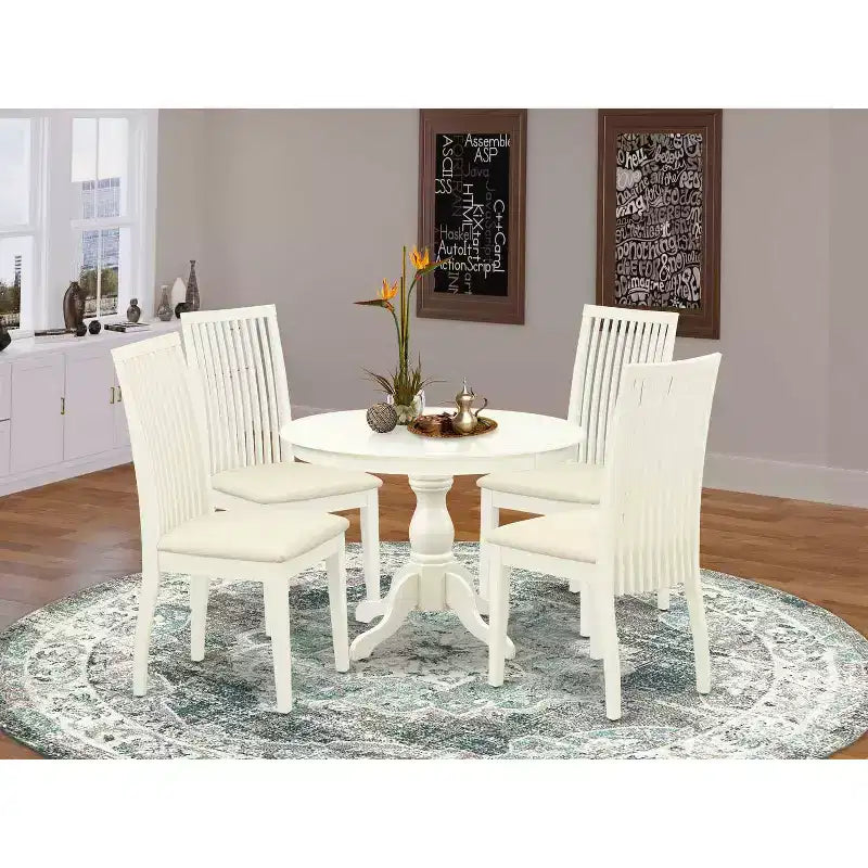 HomeStock tavolo da pranzo da 5 pezzi con piano in legno massello con finitura lino bianco e 4 sedie con schienale a doghe