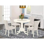 HomeStock Tavolo da pranzo rotondo da 5 pezzi con piano in legno massello e finitura bianca lino e 4 sedie Parson