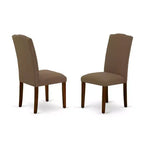 Set Tavolo da Pranzo Rotondo - Tavolo da 91 cm e 2 Sedie - Tessuto di Lino - Finitura Caffè Scuro