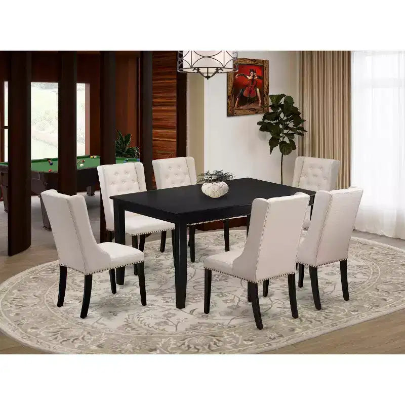 HomeStock Tavolo da Pranzo Rettangolare 7 Pezzi con Finitura Nera, Piano in Legno Massello e 6 Sedie