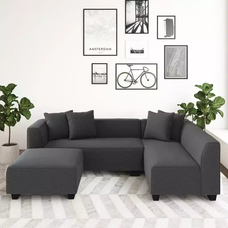 Divano angolare in velluto con chaise longue a destra e pouf HL Home Furnishings
