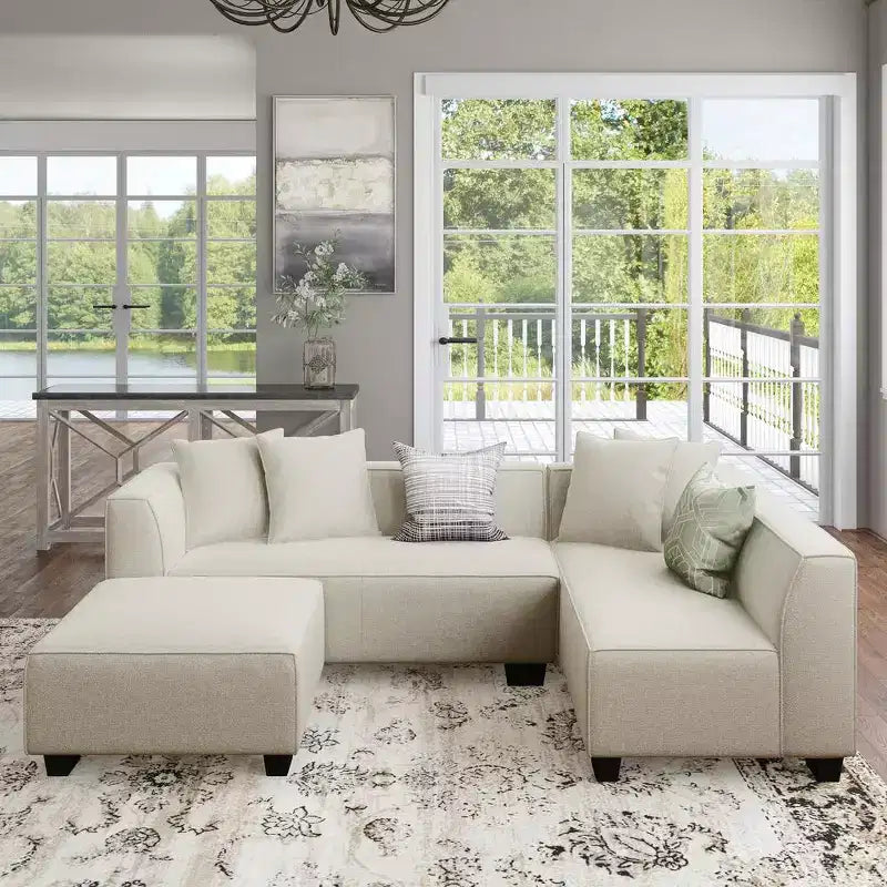 Divano angolare in velluto con chaise longue a destra e pouf HL Home Furnishings