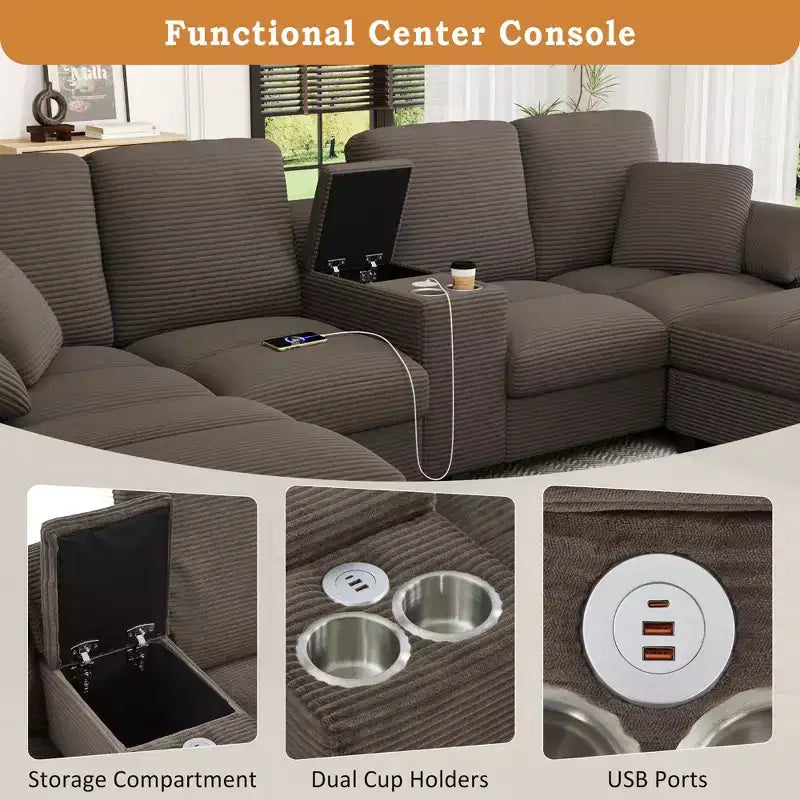 Divano angolare a U in velluto a coste Polibi con pouf contenitore nascosto, console USB e portabicchieri