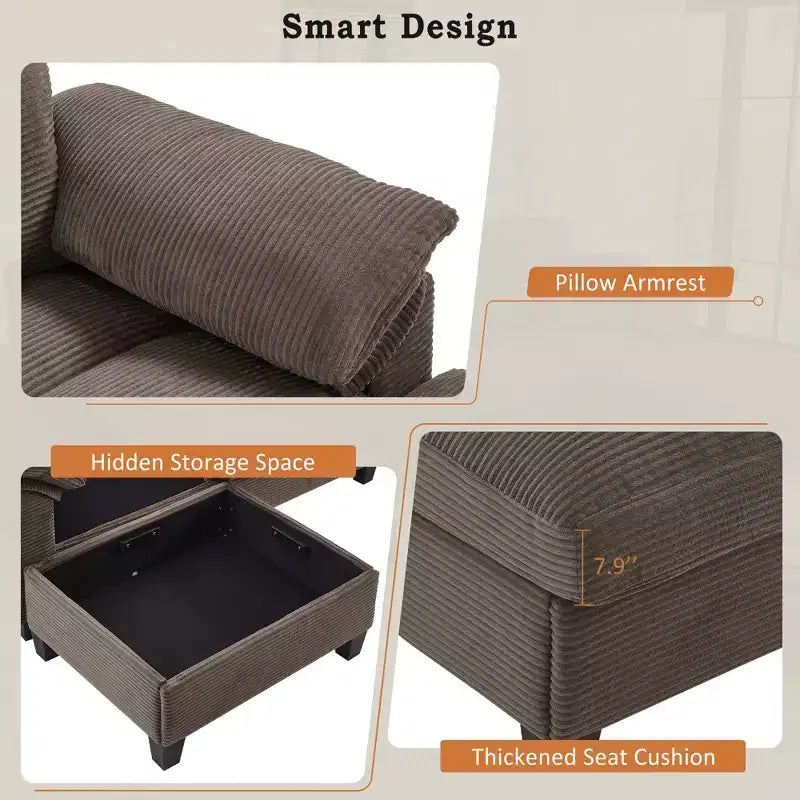Divano angolare a U in velluto a coste Polibi con pouf contenitore nascosto, console USB e portabicchieri