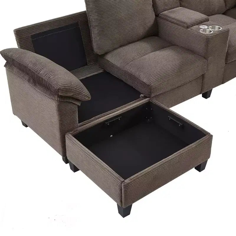 Divano angolare a U in velluto a coste Polibi con pouf contenitore nascosto, console USB e portabicchieri