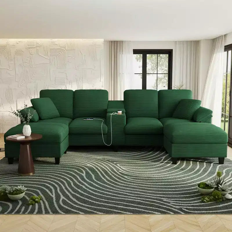 Divano angolare a U in velluto a coste Polibi con pouf contenitore nascosto, console USB e portabicchieri