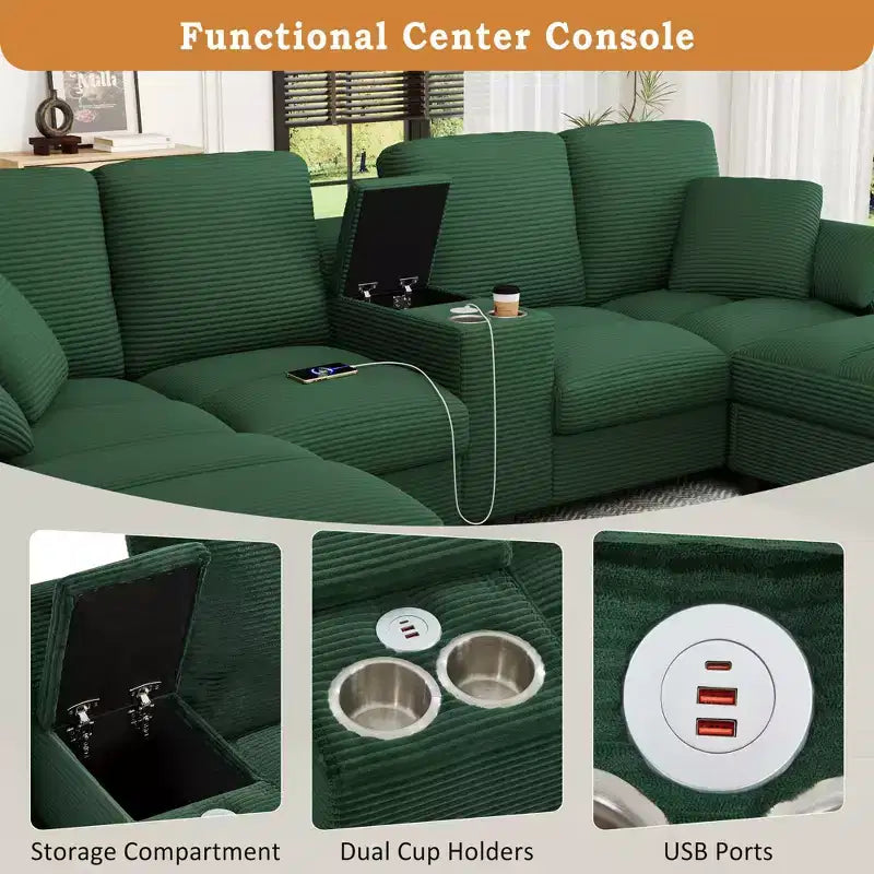 Divano angolare a U in velluto a coste Polibi con pouf contenitore nascosto, console USB e portabicchieri