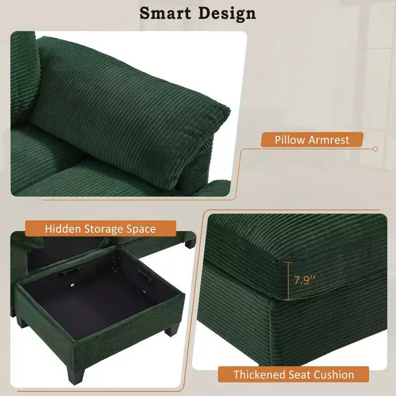 Divano angolare a U in velluto a coste Polibi con pouf contenitore nascosto, console USB e portabicchieri