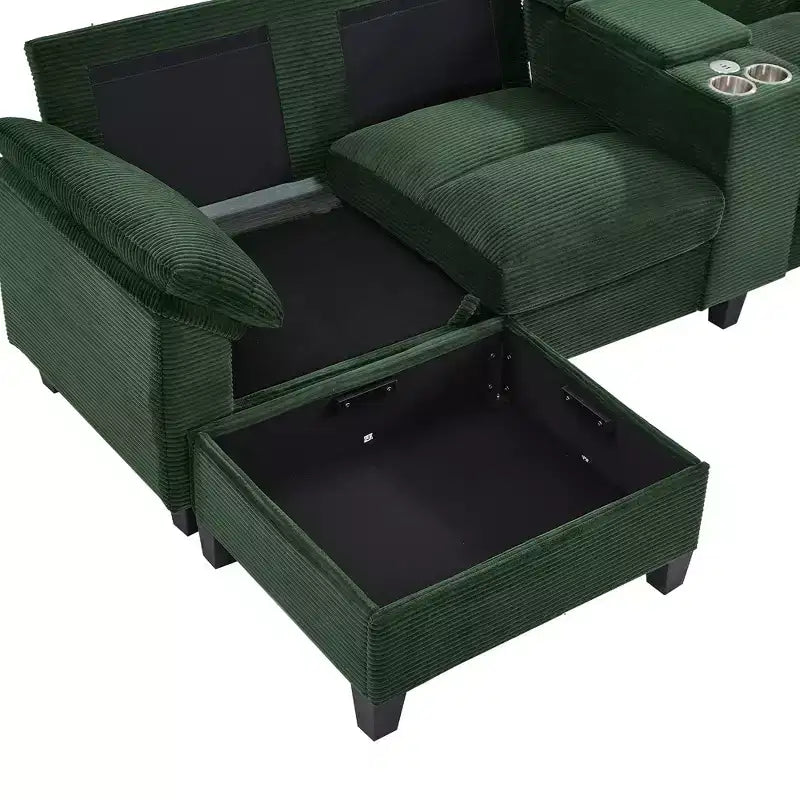Divano angolare a U in velluto a coste Polibi con pouf contenitore nascosto, console USB e portabicchieri