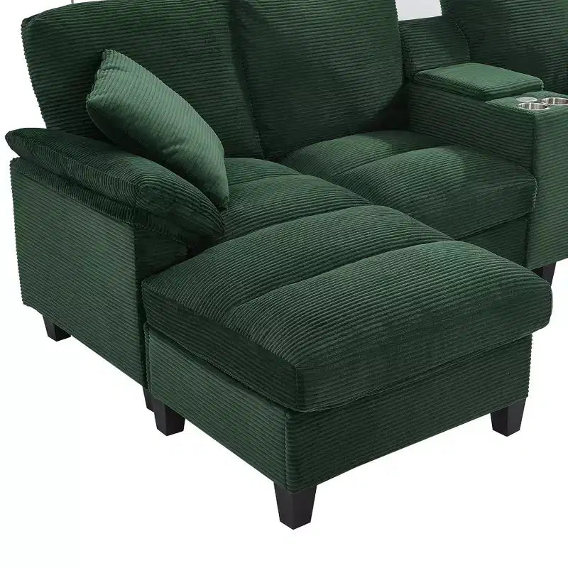 Divano angolare a U in velluto a coste Polibi con pouf contenitore nascosto, console USB e portabicchieri