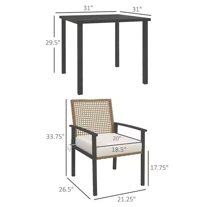 Set da pranzo da esterno 5 pezzi per 4 persone, Set mobili da giardino in rattan sintetico, Set tavolo e sedie da patio con cuscini, Tavolo quadrato con piano in metallo