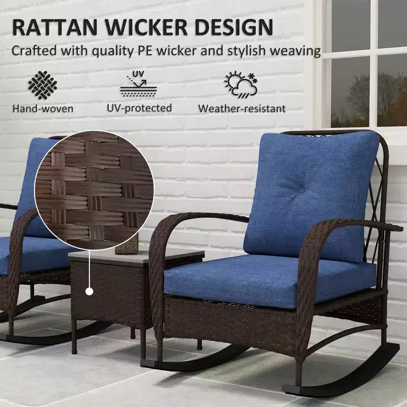 Set mobili da patio in vimini da 3 pezzi, sedie a dondolo da esterno in rattan PE con tavolino, cuscini per portico