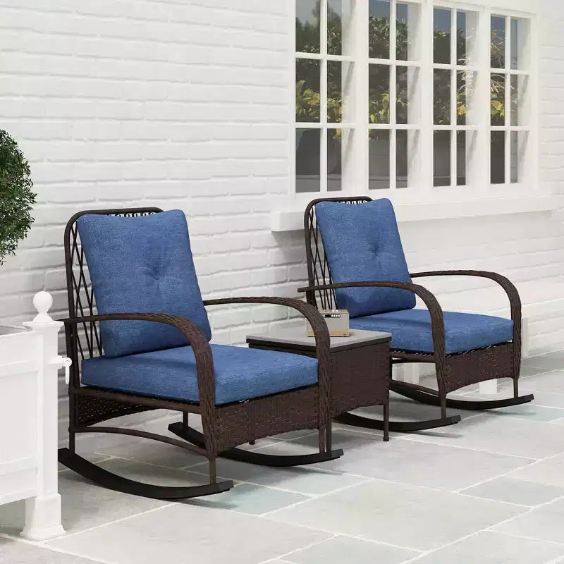 Set mobili da patio in vimini da 3 pezzi, sedie a dondolo da esterno in rattan PE con tavolino, cuscini per portico