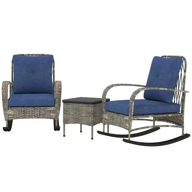3 Piece Wicker Patio Furniture Set, Outdoor PE Rattan Rocking Chairs with Coffee Table, Cushions for Porch