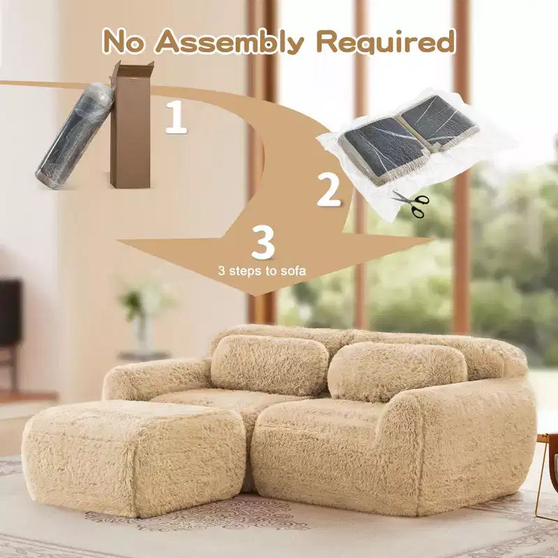 Divano senza struttura in tessuto peluche color cachi chiaro da 80,3 pollici con cuscini decorativi e pouf, spugna ad alta densità 32D per soggiorni