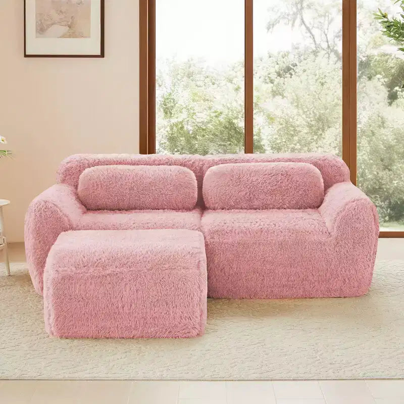 Divano senza struttura in tessuto peluche color cachi chiaro da 80,3 pollici con cuscini decorativi e pouf, spugna ad alta densità 32D per soggiorni