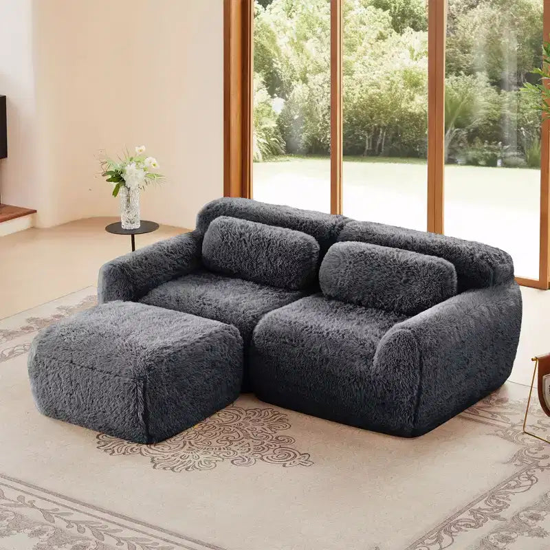 Divano senza braccioli in tessuto morbido color cachi chiaro da 80.3 pollici con cuscini decorativi e pouf, spugna ad alta densità 32D per soggiorni