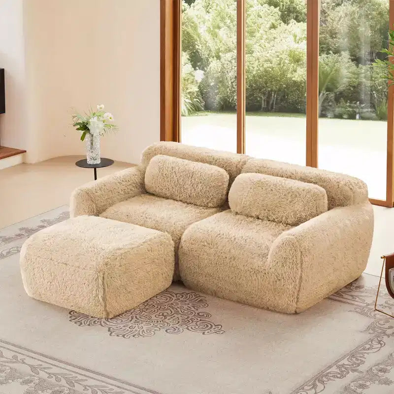 Divano senza braccioli in tessuto morbido color cachi chiaro da 80.3 pollici con cuscini decorativi e pouf, spugna ad alta densità 32D per soggiorni