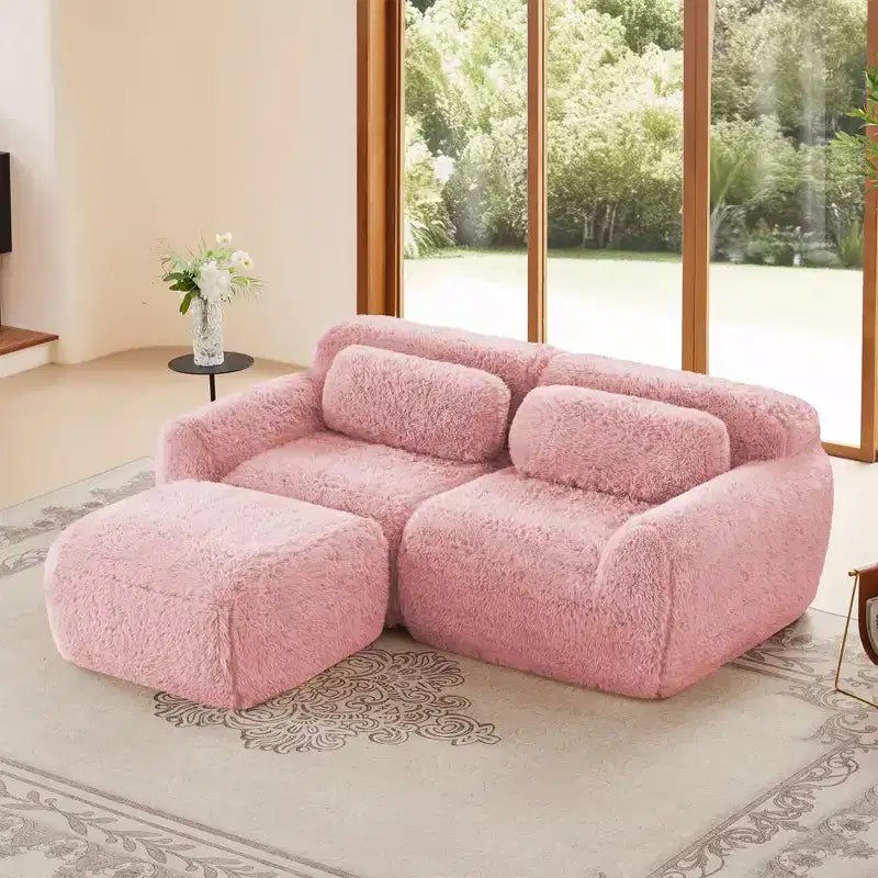 Divano senza braccioli in tessuto morbido color cachi chiaro da 80.3 pollici con cuscini decorativi e pouf, spugna ad alta densità 32D per soggiorni