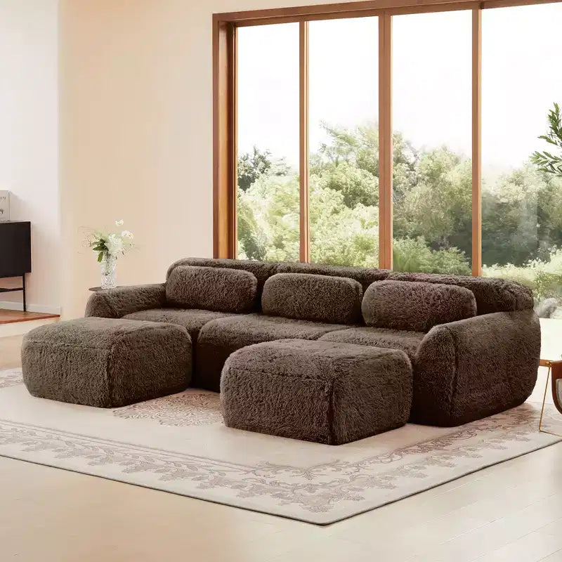 Divano Sezionale a U Marrone Senza Struttura da 114,6 pollici con Cuscini Decorativi e 2 Pouf, Spugna ad Alta Densità 32D per Soggiorni